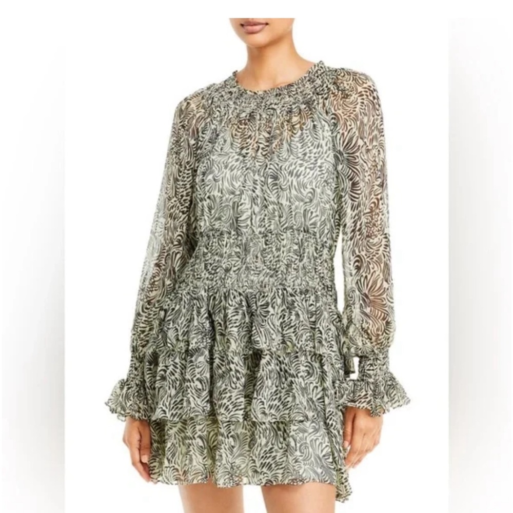 CINQ À SEPT Janelle Mini Dress Size 2 Animal Print Ruffle Hem Preppy Lightweight